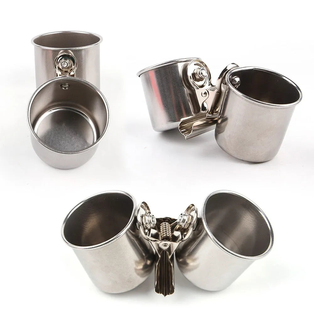Stainless steel outdoor bird feeder for cages in natural metal colour.