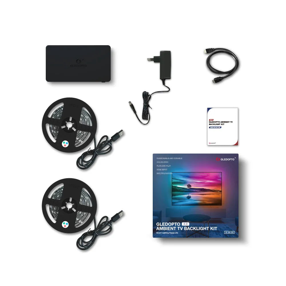 HDMI SYNC RGB LED light strip and junction box for reactive PC and television display backlighting.