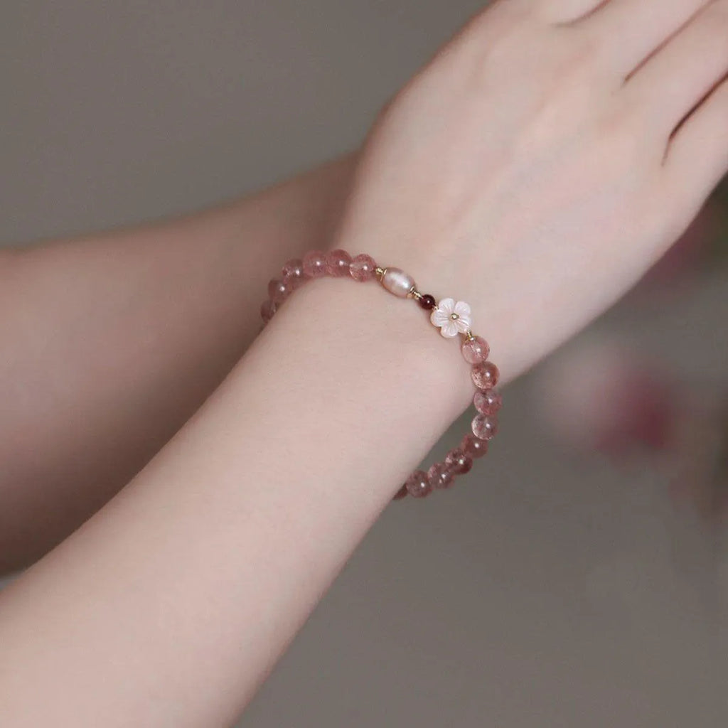 Pink strawberry quartz crystal bracelet with floral design and adjustable clasp for women