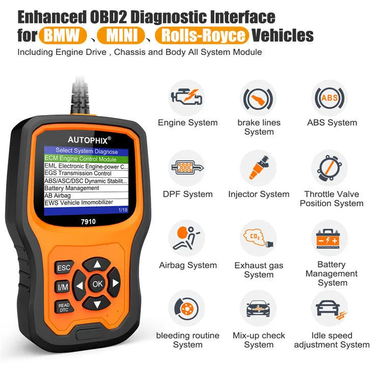 Autophix 7910 BMW diagnostic scanner OBD2 tool with display showing fault codes