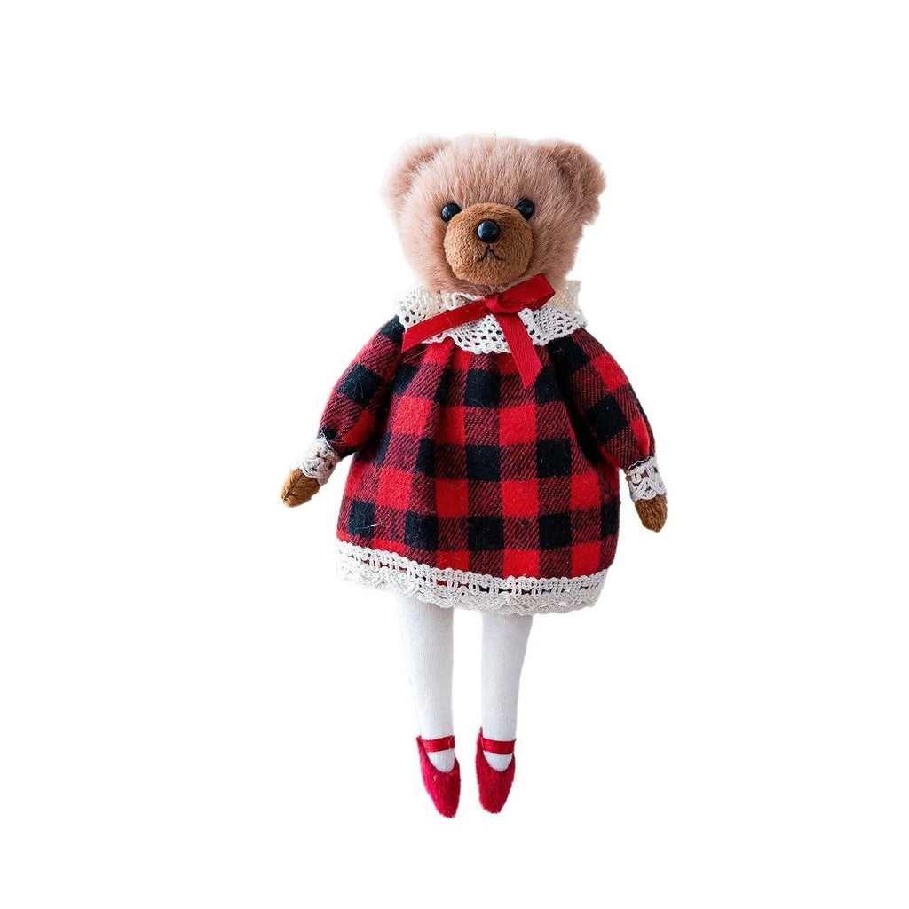 Cartoon couple plush bear doll wearing a cotton suit with a plaid design