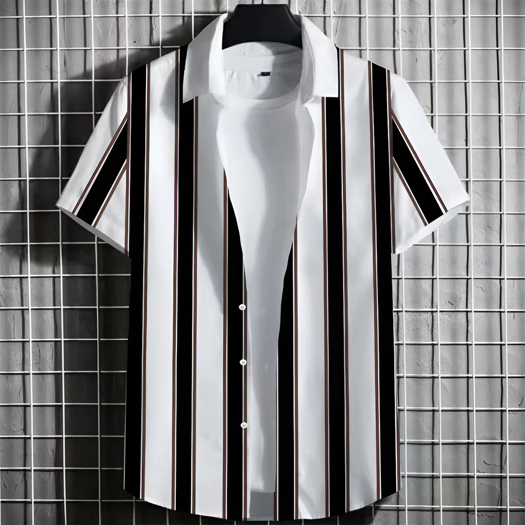 Men's striped short sleeve linen T-shirt with 3D printed texture, shown in multiple colour options.
