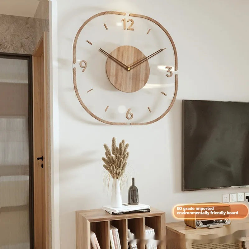 Modern square transparent wooden wall clock showing visible mechanical gears, 35cm size.