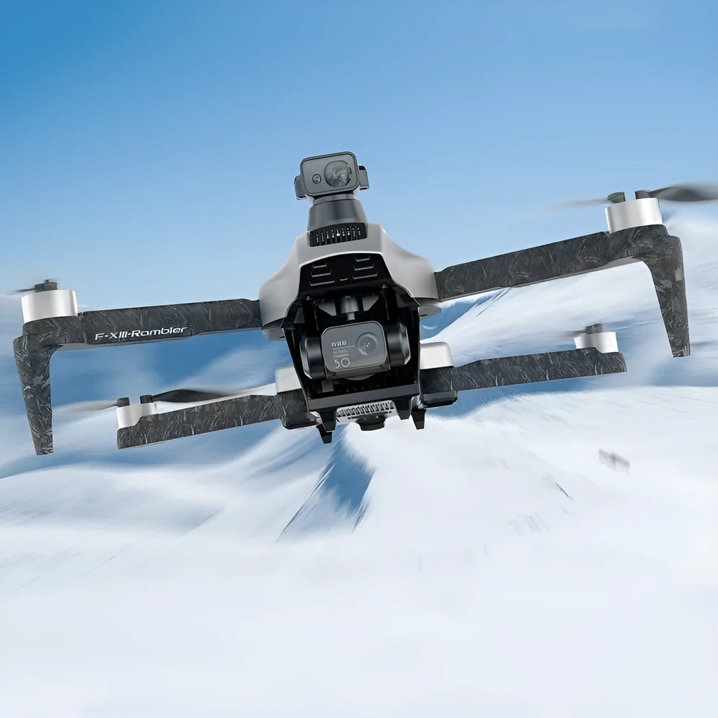 White folding quadcopter drone with camera and obstacle avoidance sensors on a grey background