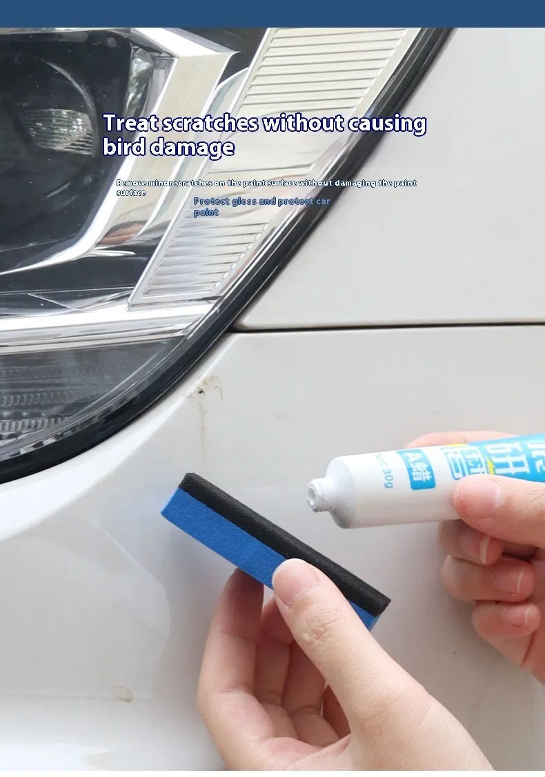 Car repair wax kit showing bottles of A wax and B wax with a frosted sponge mop for paint scratch removal and polishing.