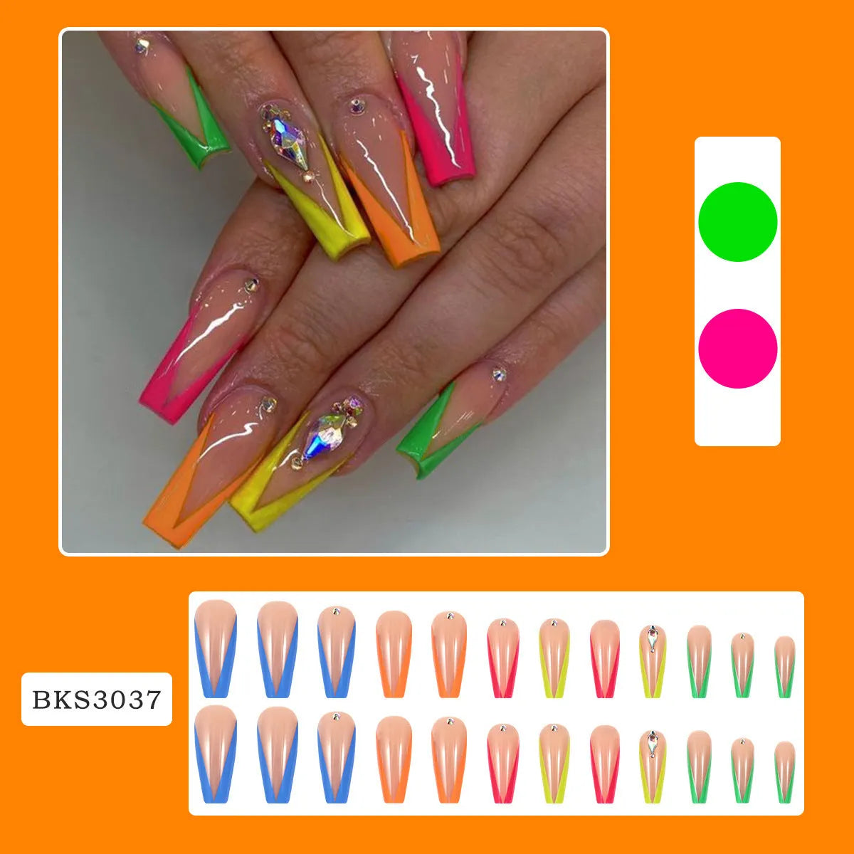 Detachable false nail tips with diamond colour French style and red cartoon heart patterns.