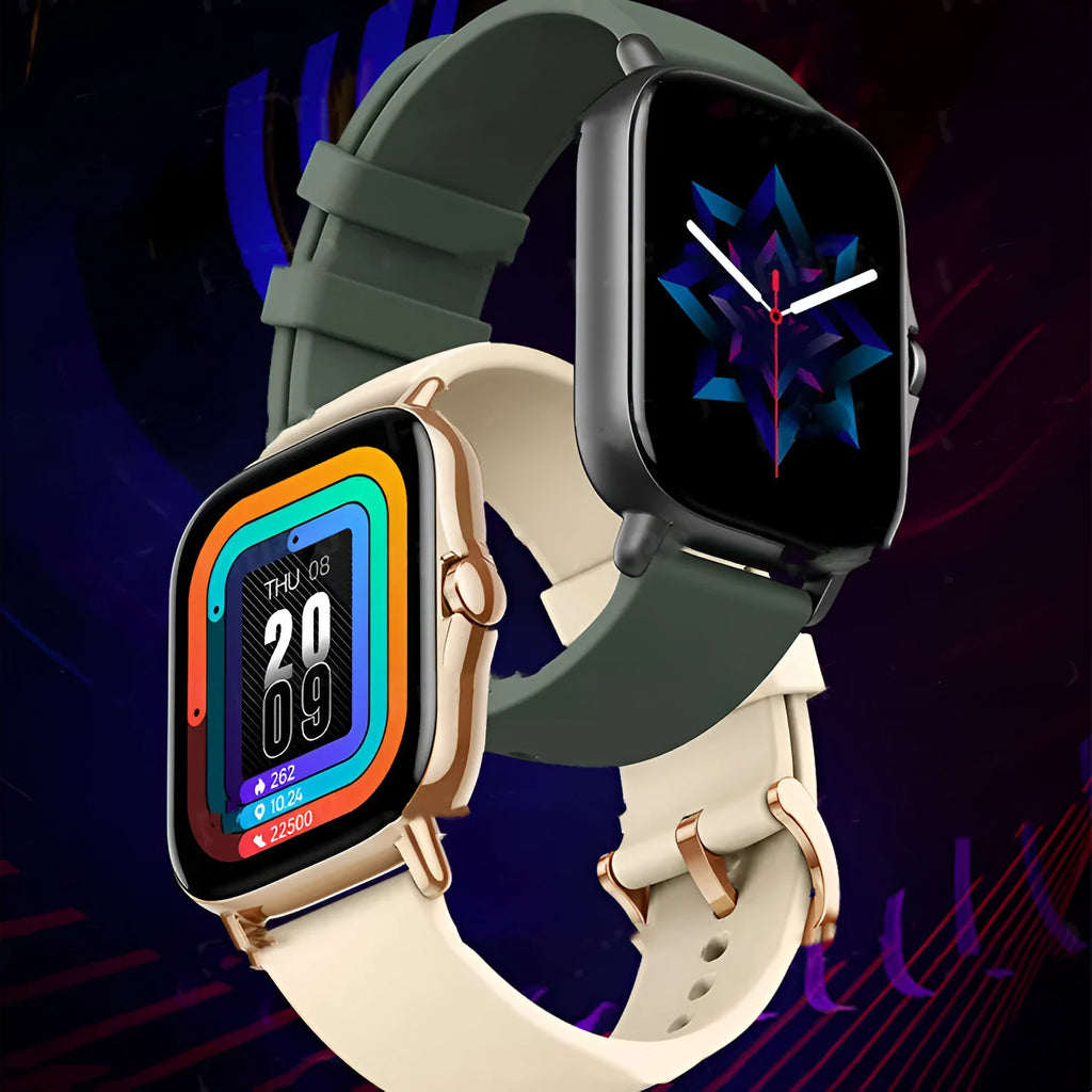 GT20 smartwatch with black alloy case and silicone band showing 1.75-inch touch screen display