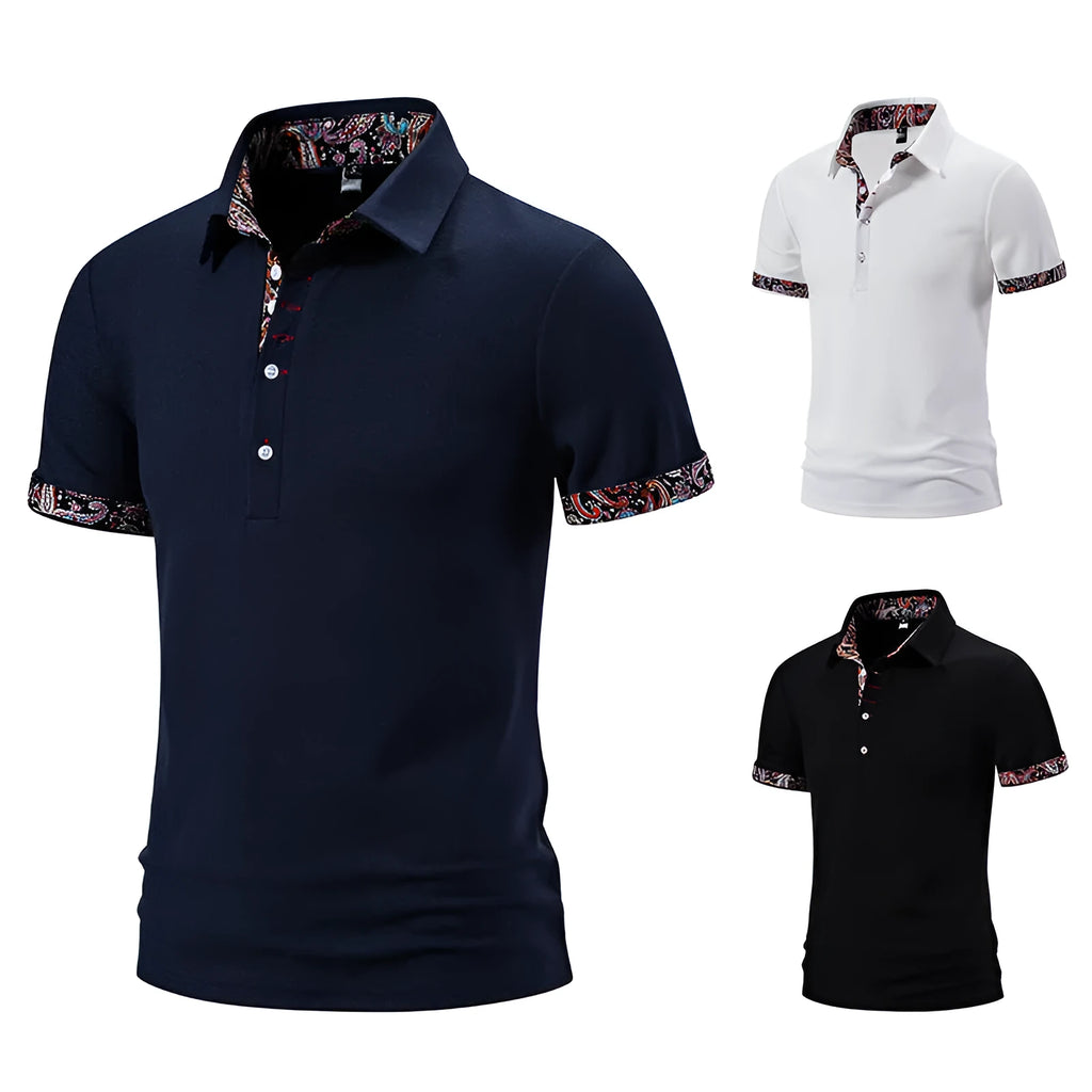 Men's cotton blend polo shirt with colour stitching on turnover collar in white, black, or navy blue