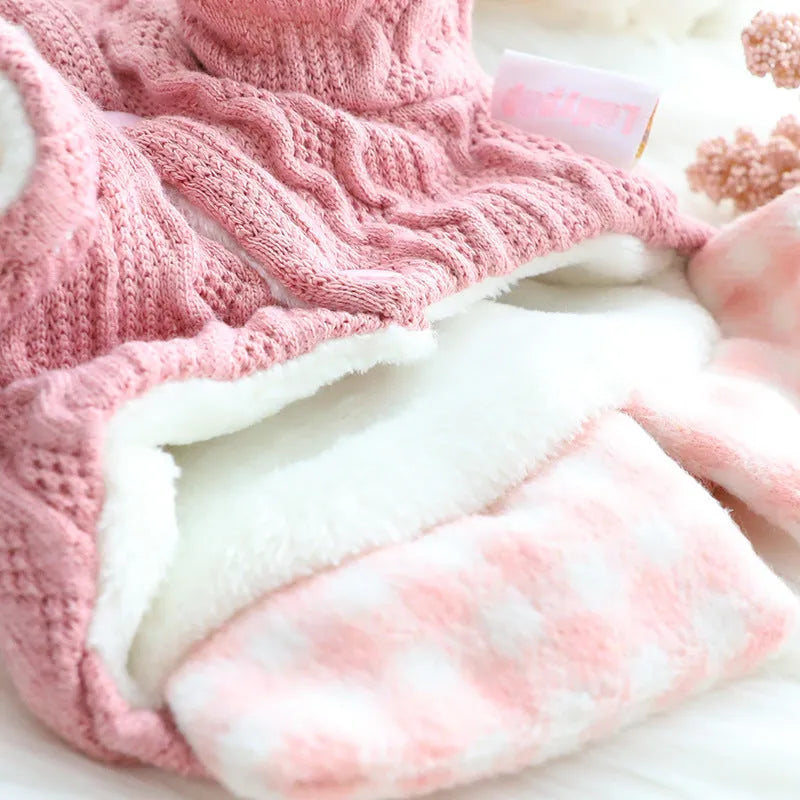 Blue and pink wool plaid dog sweater with two-piece fleece-lined design for pet warmth