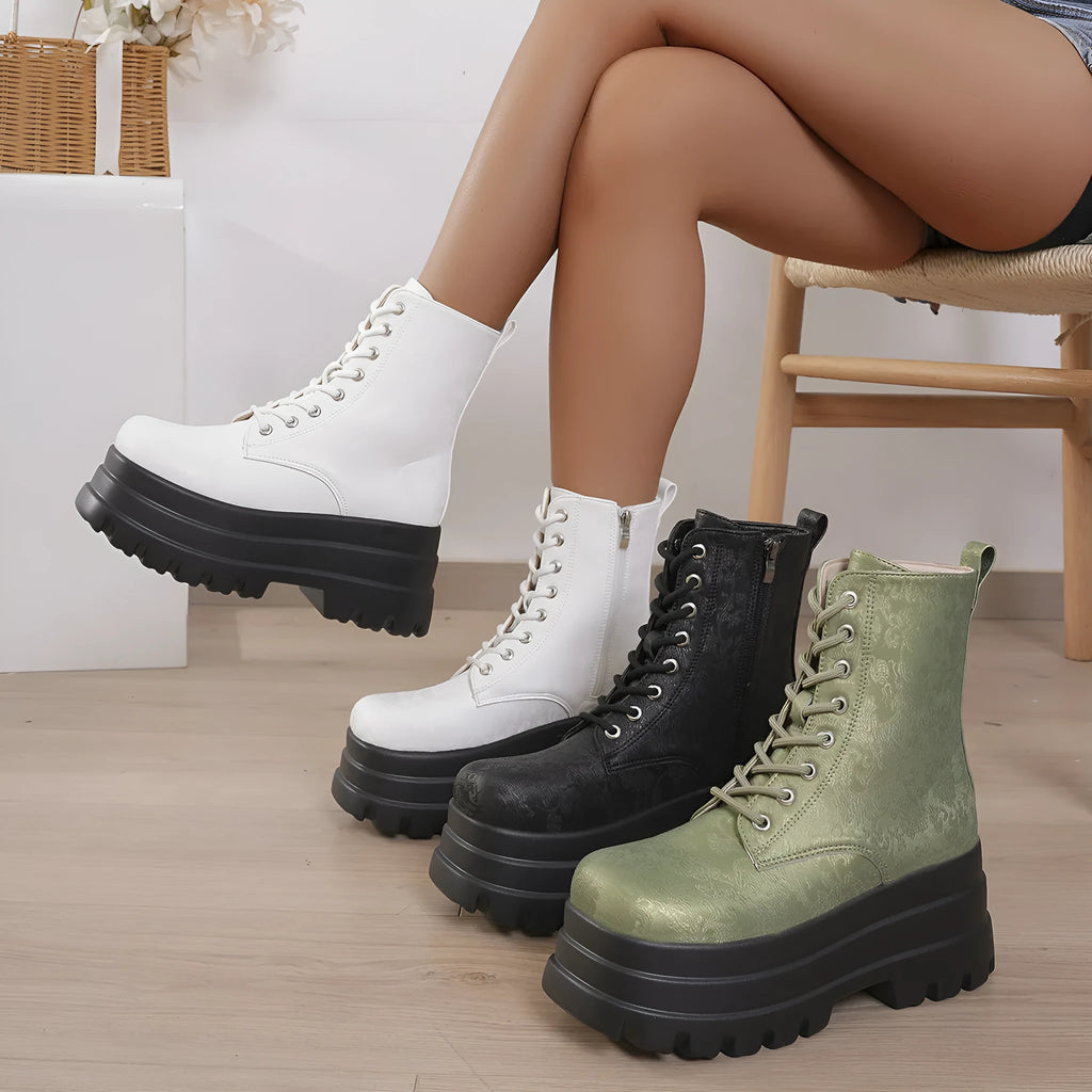 Women's white retro patchwork ankle boots with chunky heel and side zip fastening