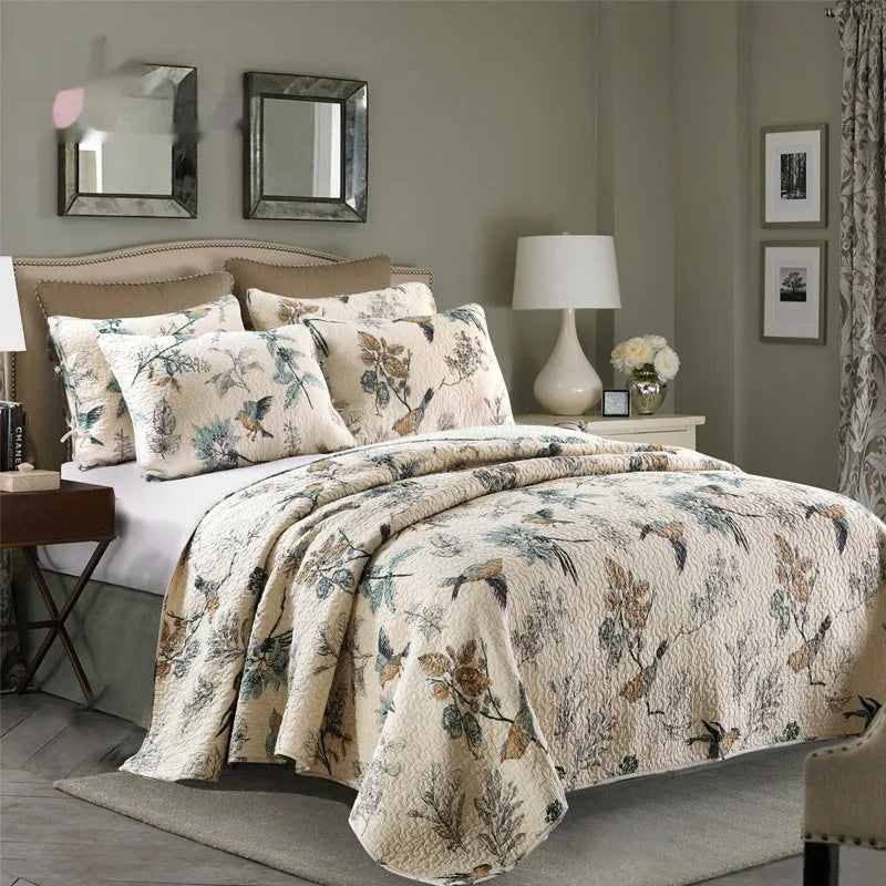 Quilted cotton bed cover three-piece set with printed patterns for 1.5-1.8m beds