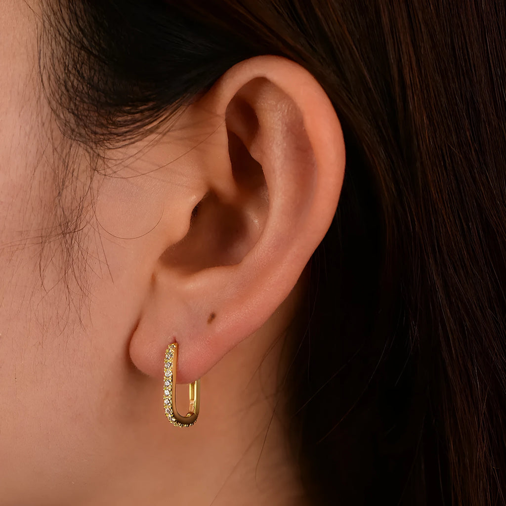 Sterling silver oval zircon ear clip earrings in yellow and white geometric design