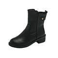 Black women's low heel ankle boots with side zip and round toe on a rubber sole