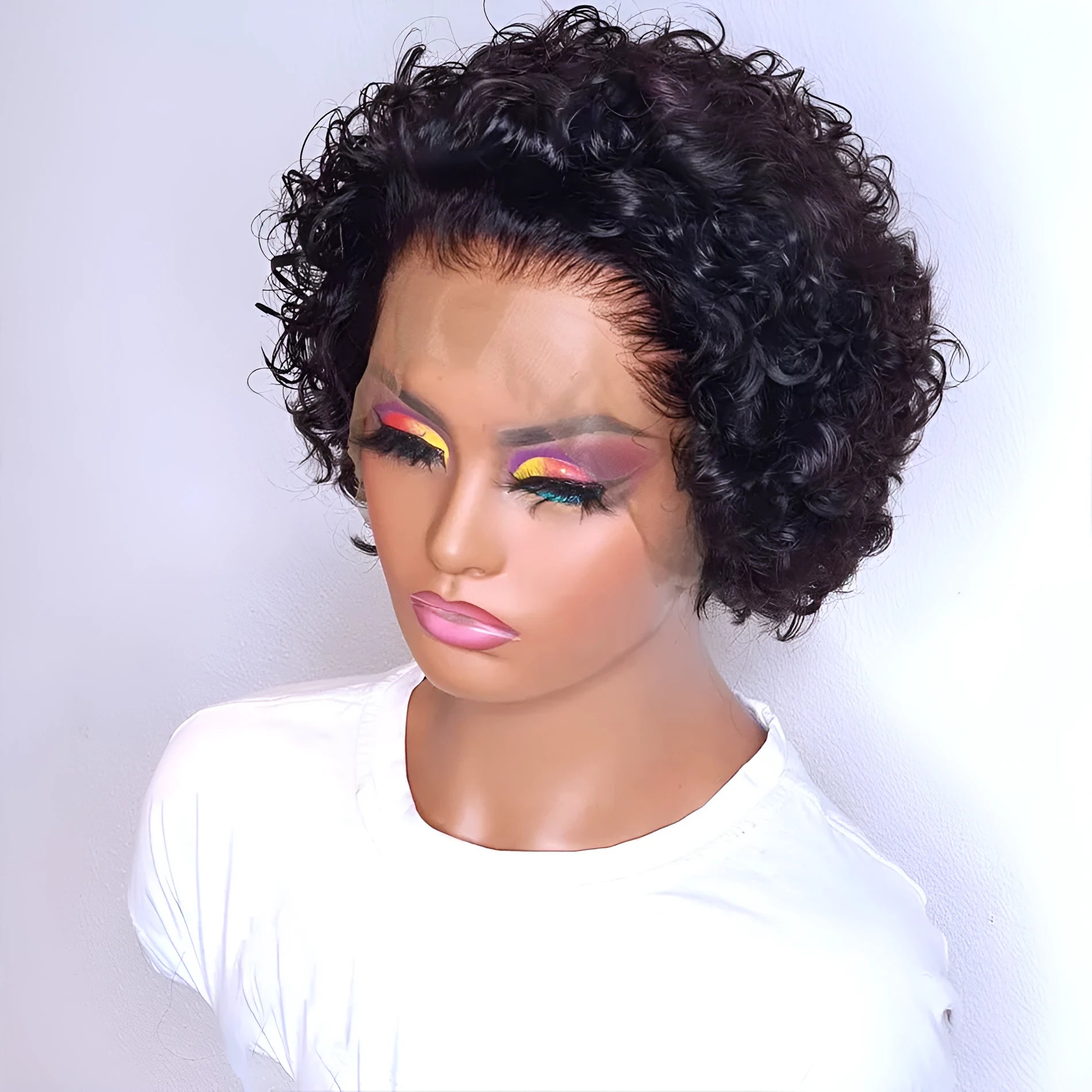 Natural black human hair pixie wig with lace cover in 13x1 colour