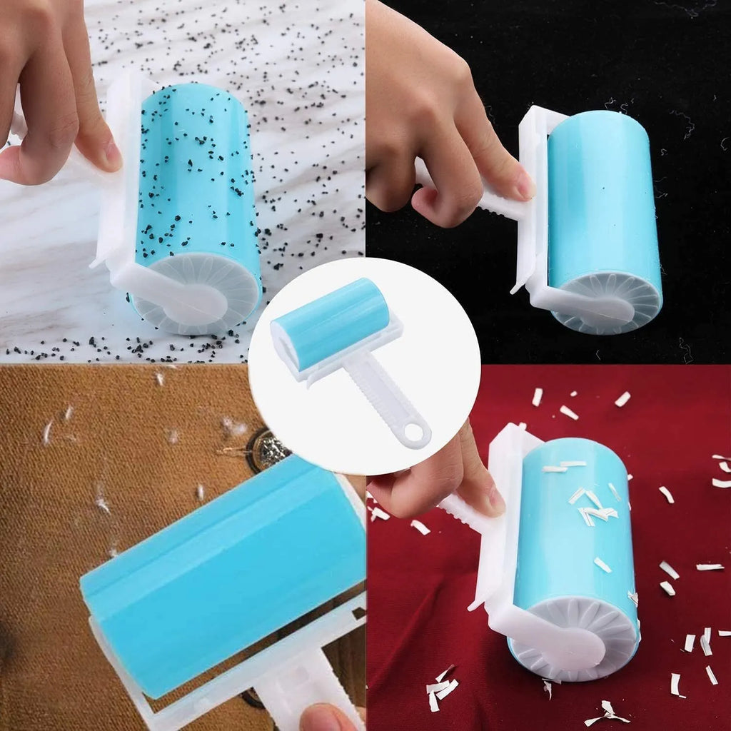 Blue reusable washable sticky lint roller with protective cover for removing pet hair.