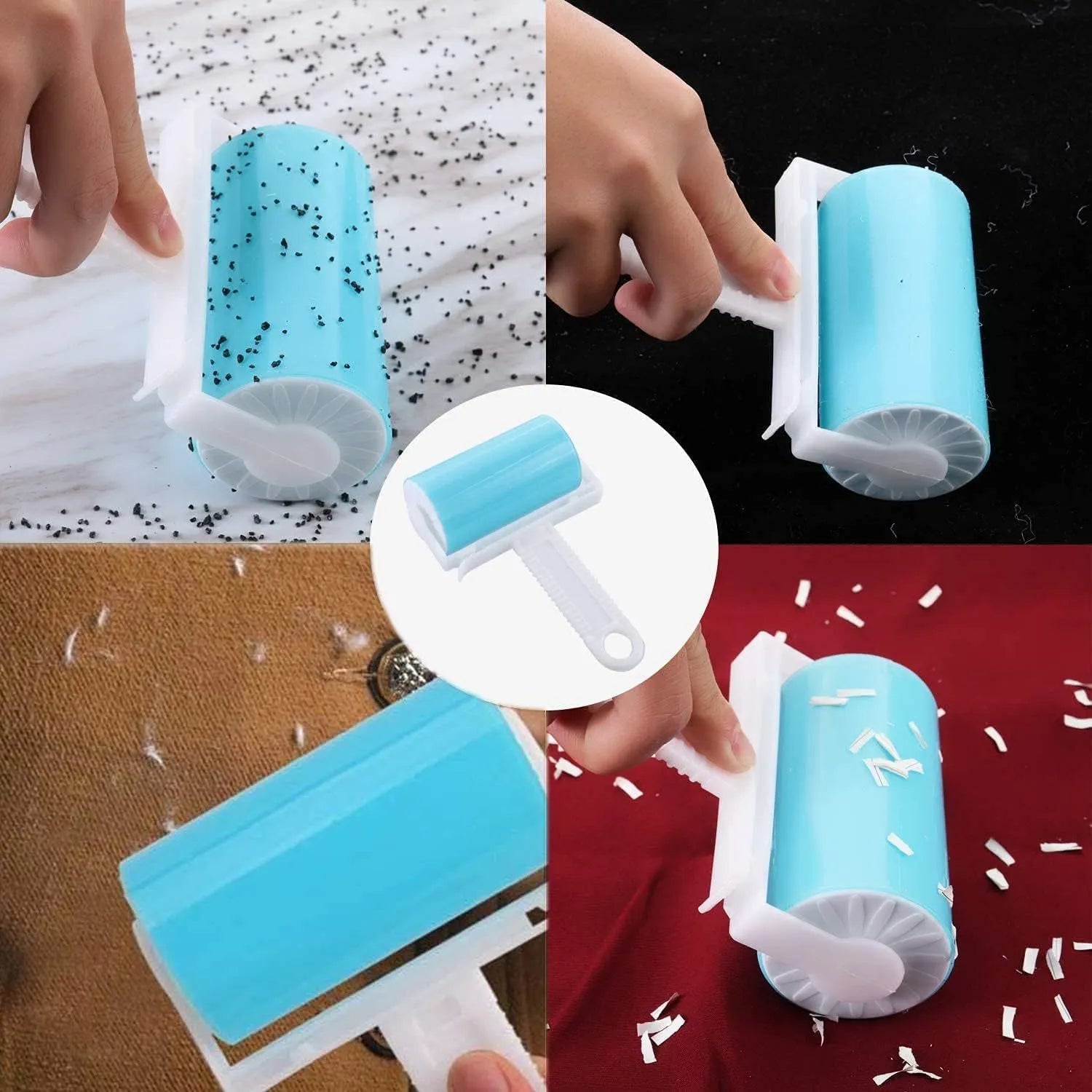 Blue reusable washable sticky lint roller with protective cover for removing pet hair.