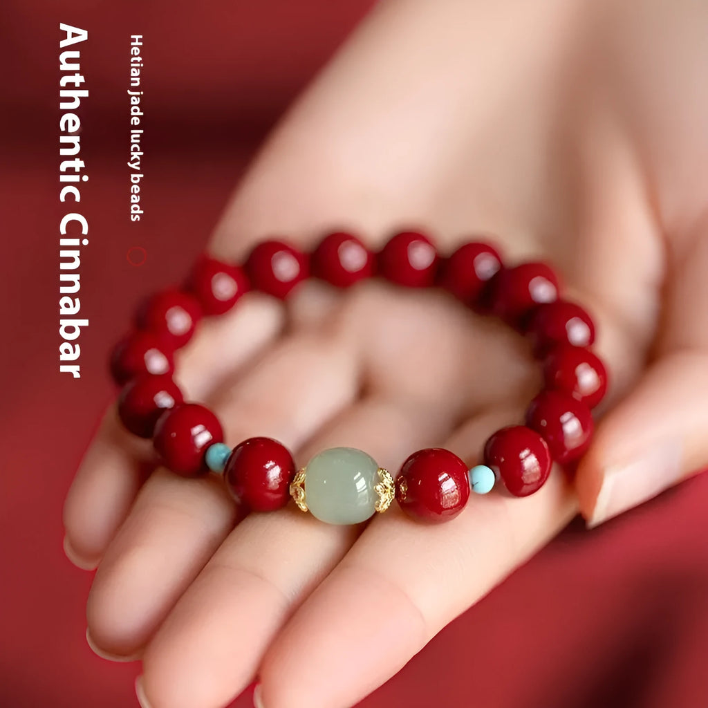 Cinnabar Hetian Jade geometric bead bracelet in purple gold sand colour showing 6mm, 8mm, and 10mm size options