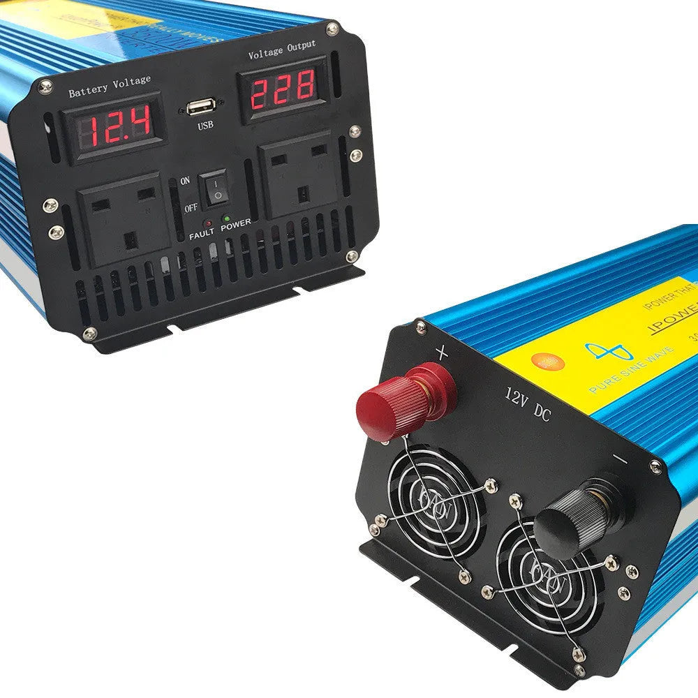 Blue 3000W pure sine wave power inverter with digital display and UK socket