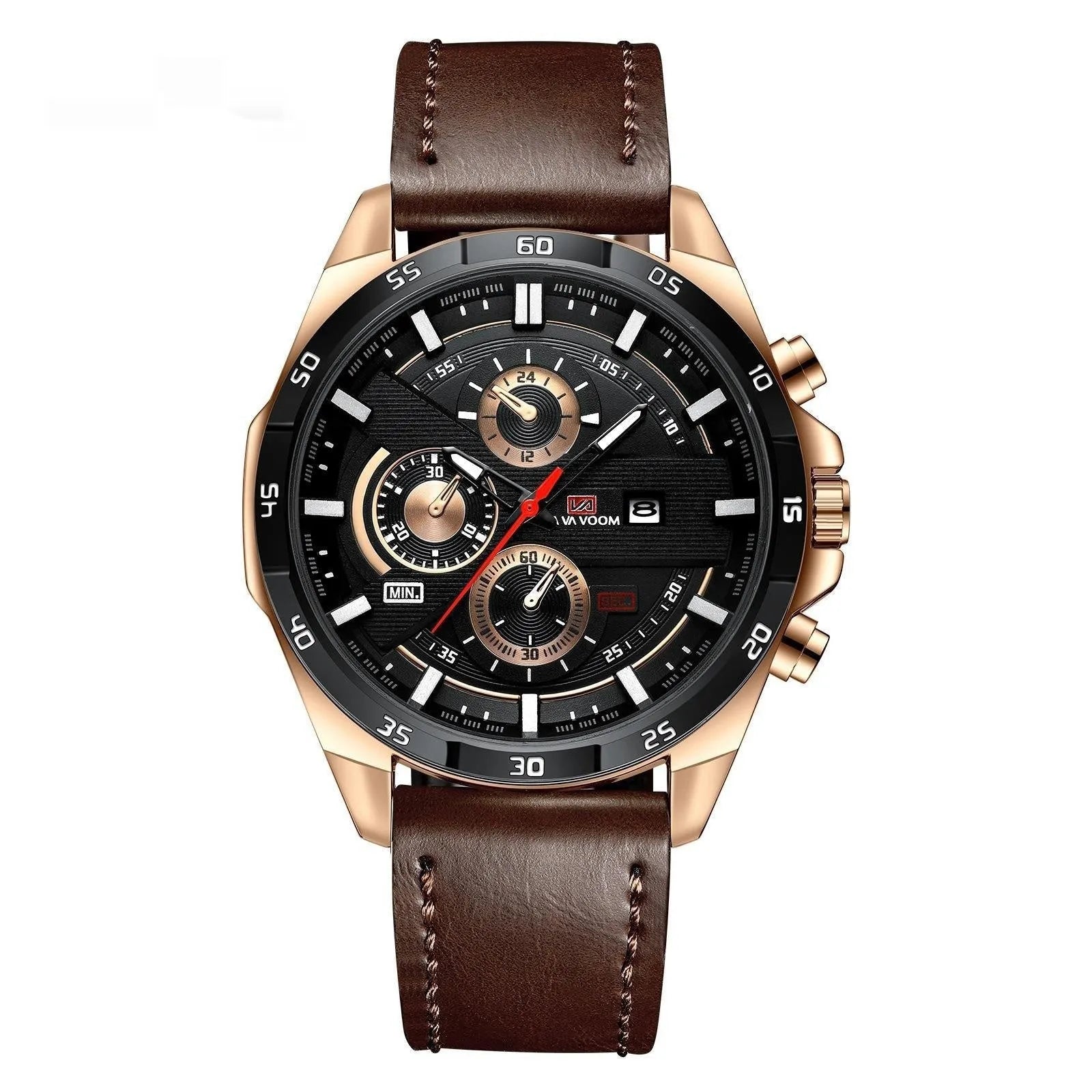 Men's waterproof quartz watch with calendar display in various colour combinations including black and brown belt options