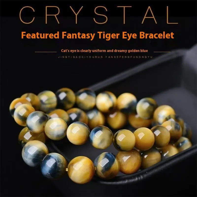 Handmade fantasy tigereye agate bracelet with round beads in a single circle, shown in natural stone colours.