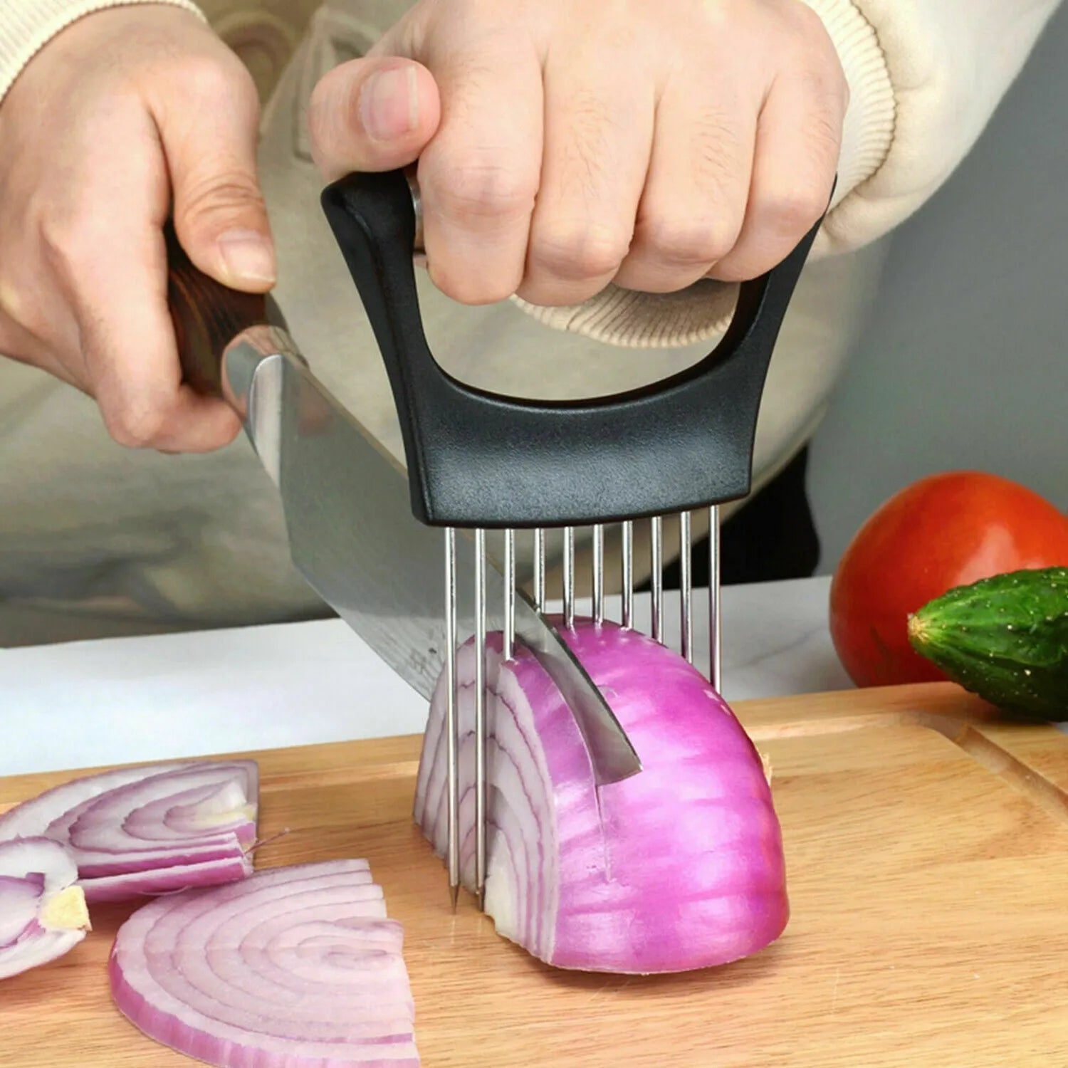 Stainless steel and ABS plastic food slice assistant for holding onions and tomatoes during cutting