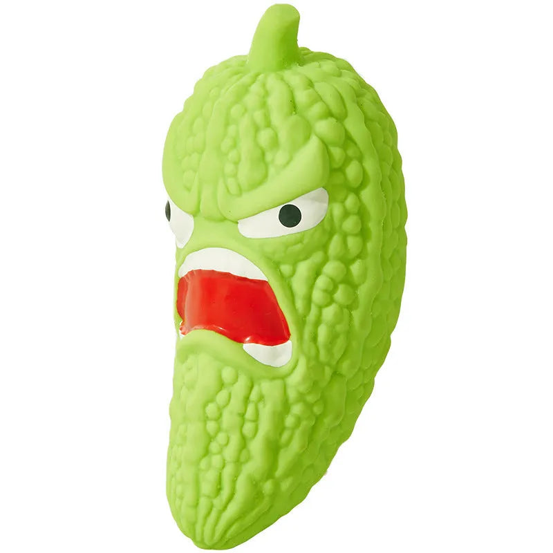 Bitter melon and chili shaped dog chewing toys with textured surfaces for dental cleaning