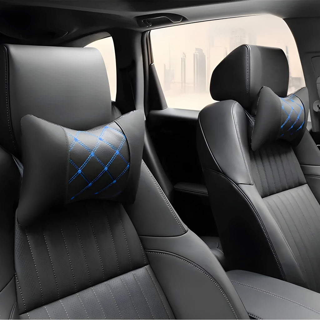 Black leather quilted car headrest neck pillow with diamond pattern and coloured stitching options