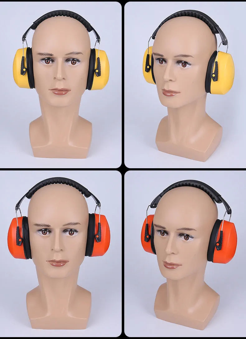 Orange head-mounted noise-cancelling headphones and protective earmuffs with adjustable elastic headband