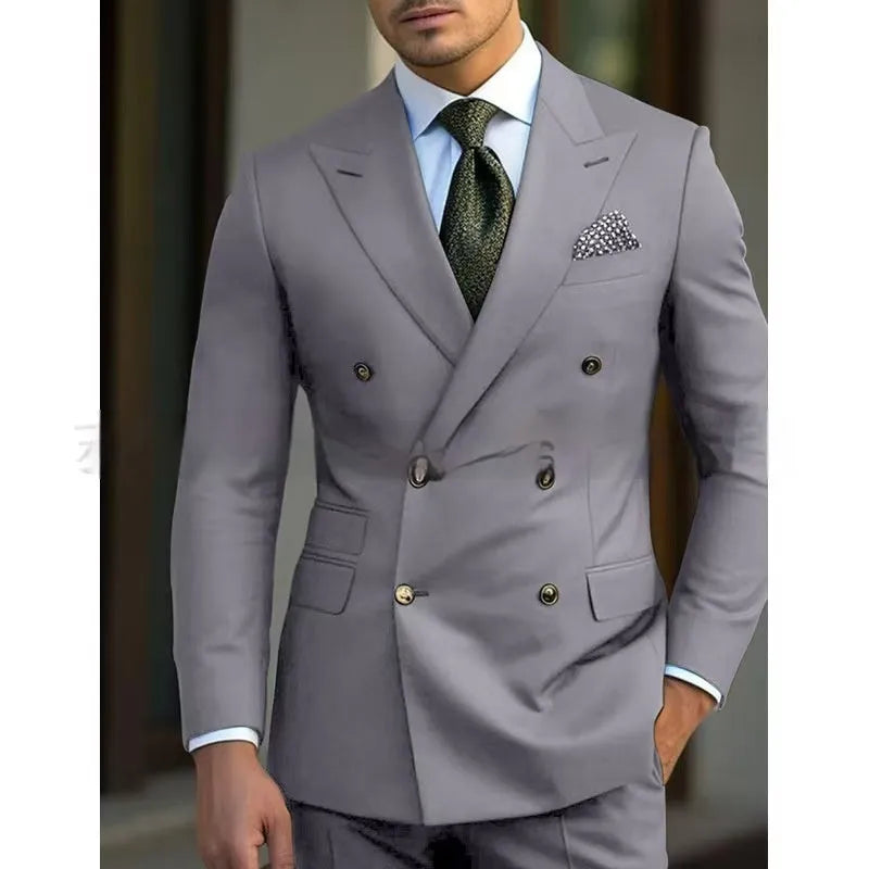 Men's brown two-piece cotton blend suit set with coat and trousers on a hanger.