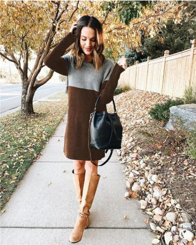 Brown women's cotton polar fleece patchwork skirt with collage stitching and princess dress silhouette