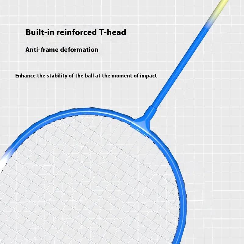 Pair of blue and red ultra-light alloy badminton rackets on a neutral background.