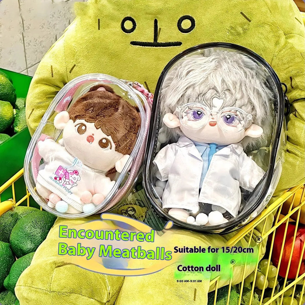 Transparent PVC cube storage bag for cotton dolls with keychain in multiple colour options