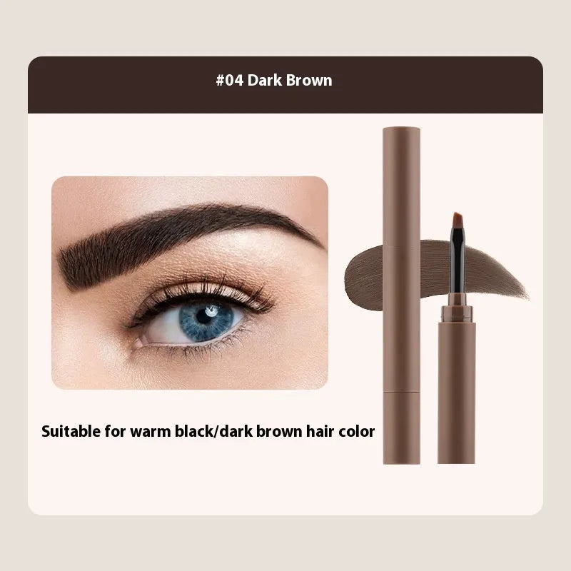 Double-headed eyebrow cream tube shown next to swatches of its five colours: reddish brown, brown, light brown, dark brown, and black.