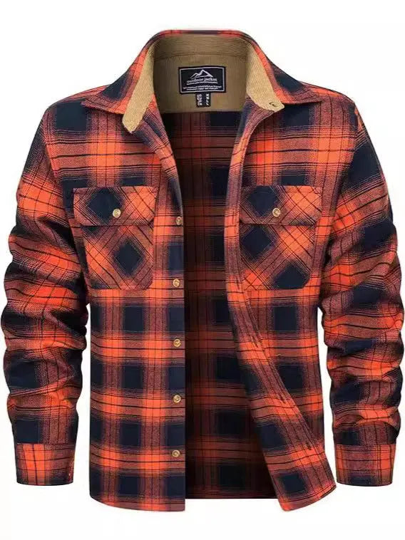 Men's winter flannel casual button-up shirt with plaid pattern in polyester fabric