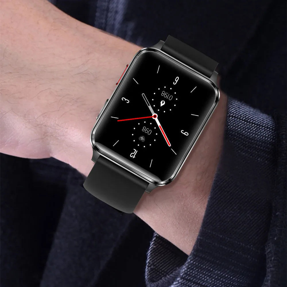 Multi-sport smart watch with 1.70-inch tempered glass screen and silicone wristband showing heart rate display
