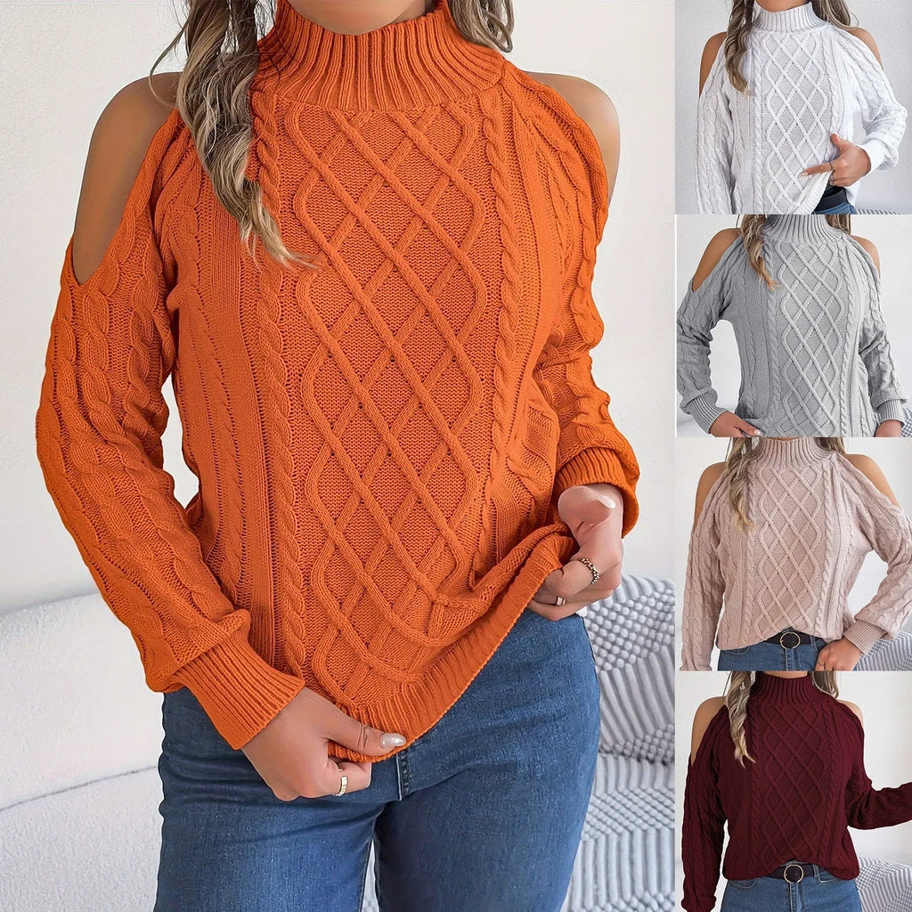 Women's casual sweater with twisted pattern, strapless half-high collar, and lantern sleeves