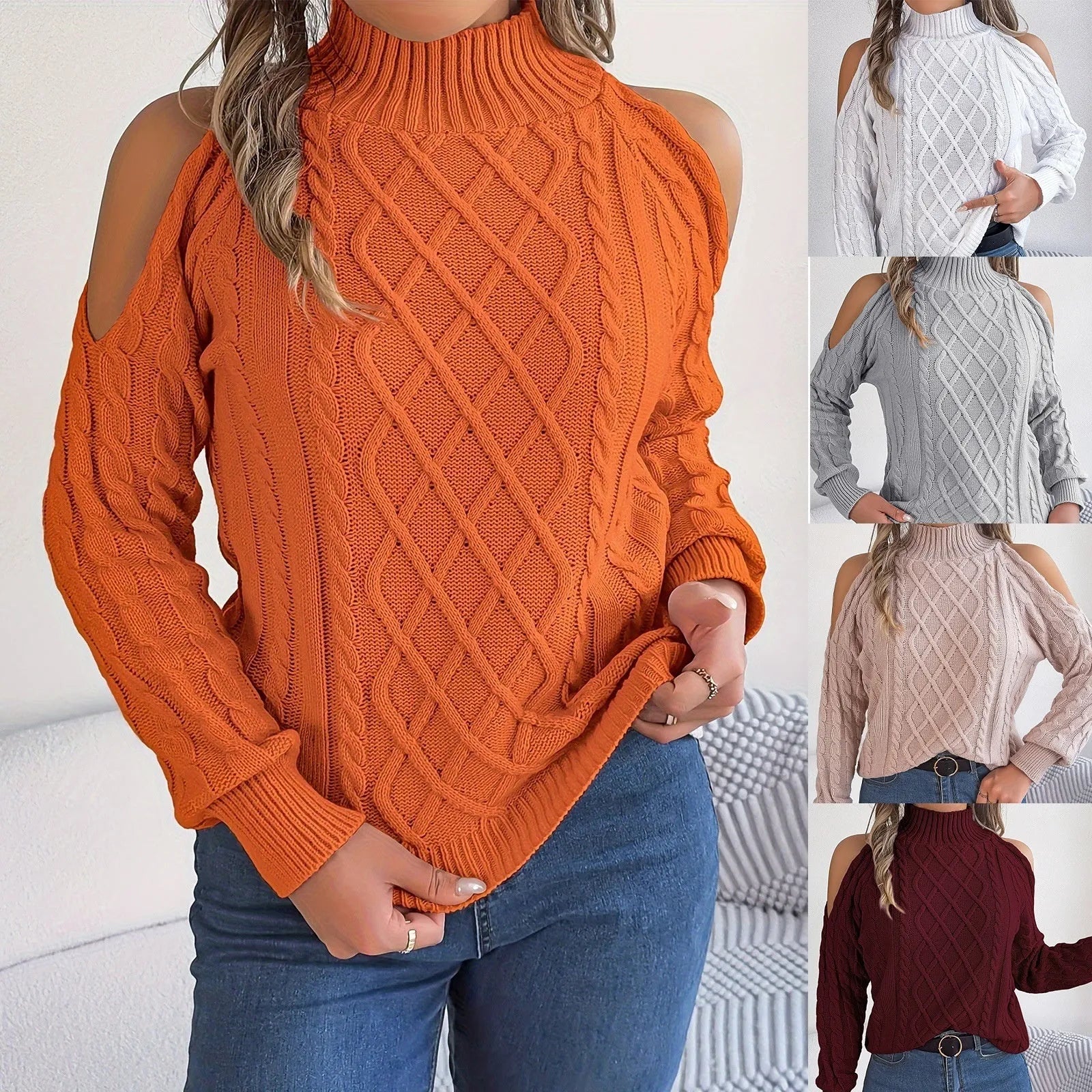 Women's casual sweater with twisted pattern, strapless half-high collar, and lantern sleeves