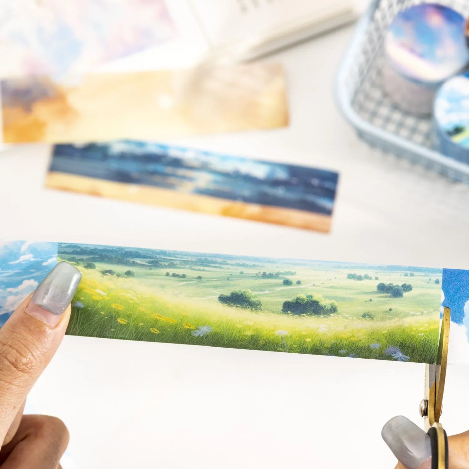 Roll of Japanese paper decorative washi tape in sky-themed colours, 30mm wide.