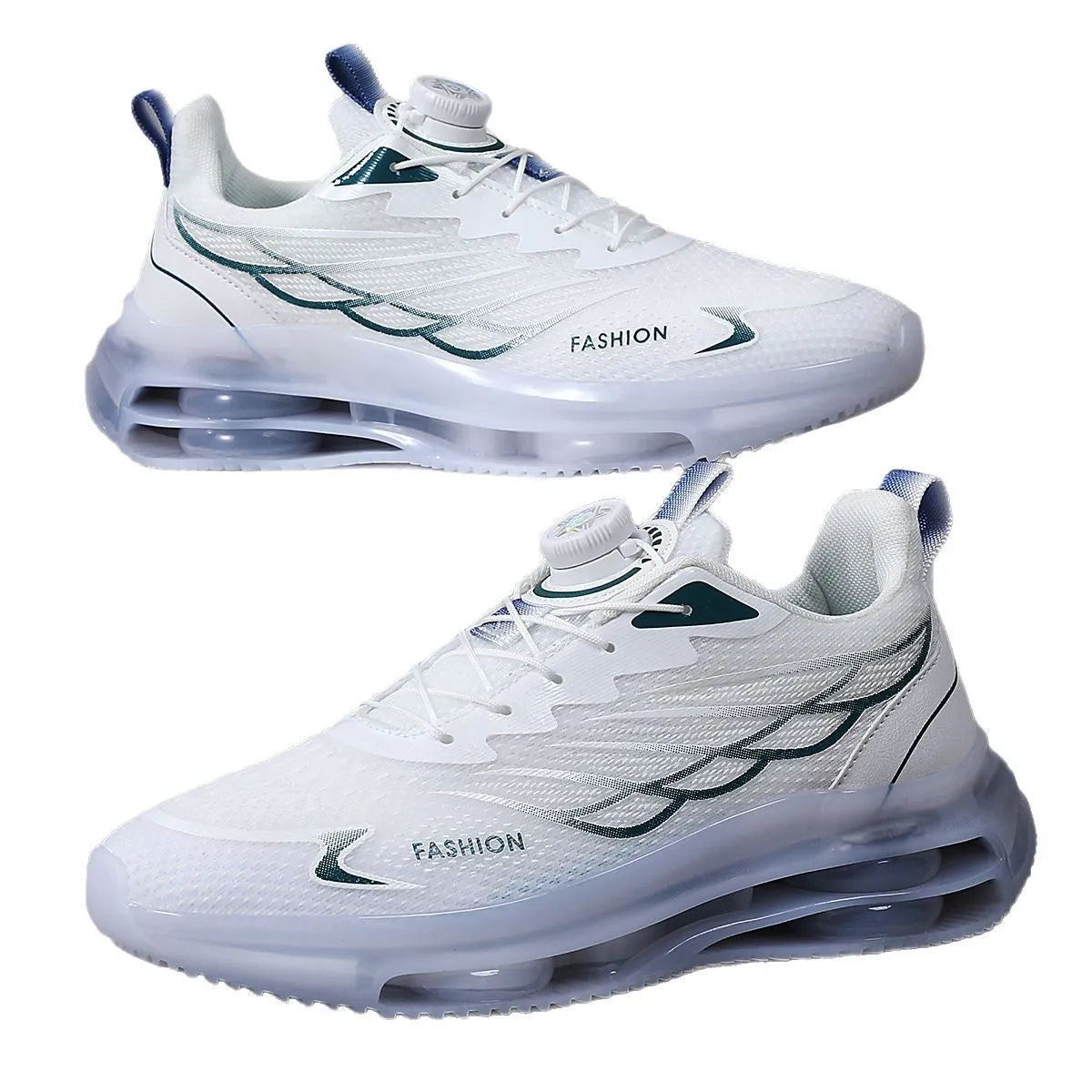 White low-top casual running shoes with mesh upper and rubber sole on solid background