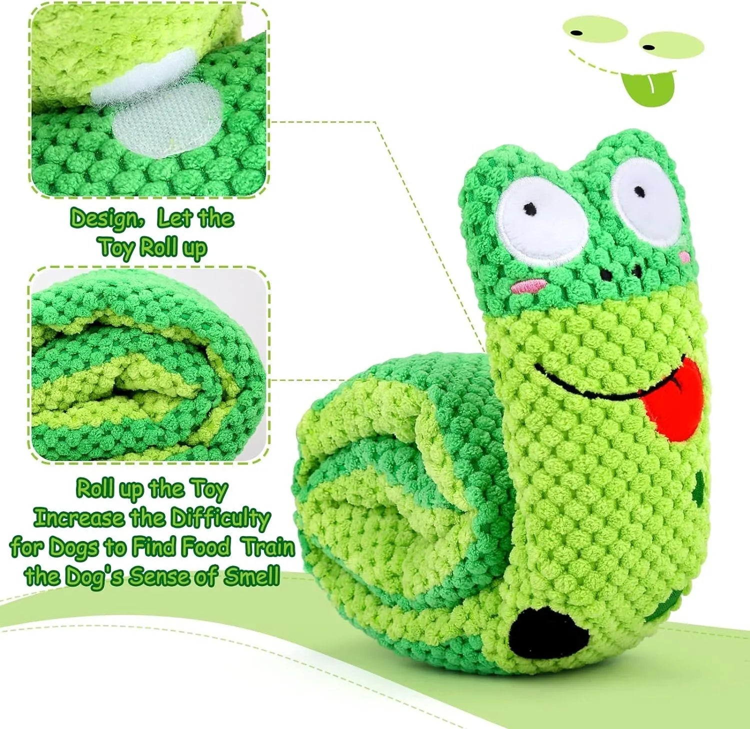 Thick velvet dog puzzle toy with squeaker in snail shape showing hidden food holes