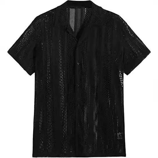 Men's black knitted short-sleeved button-front cardigan shirt with jacquard pattern