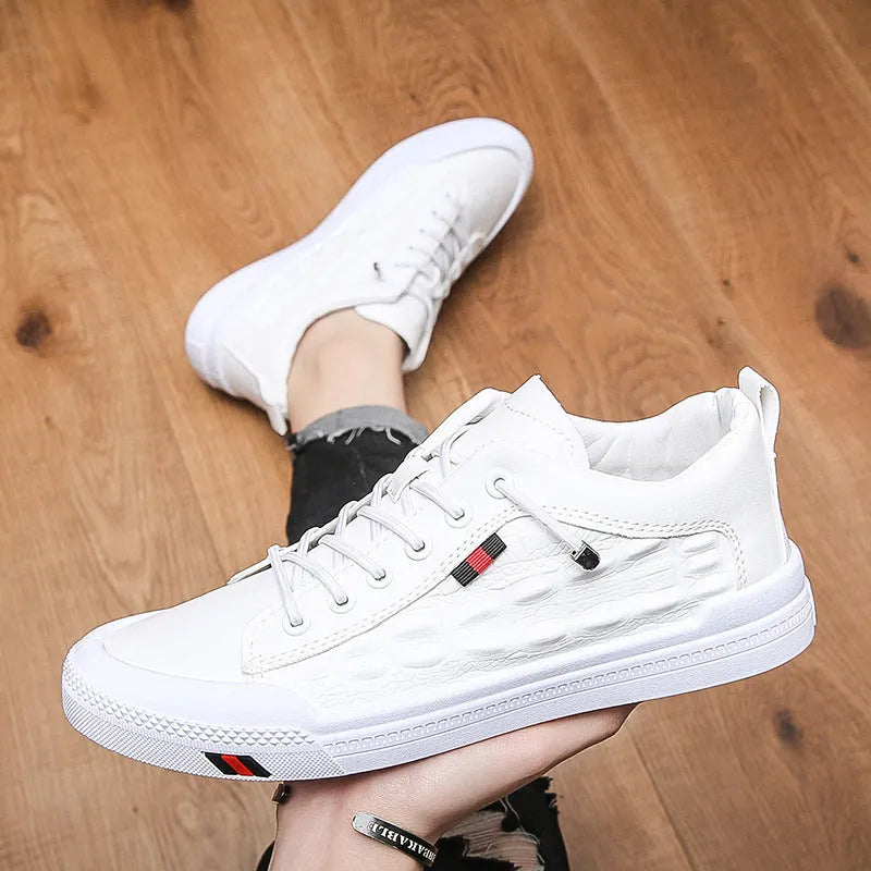 White men's casual sneakers with round toe and lace-up design on rubber sole