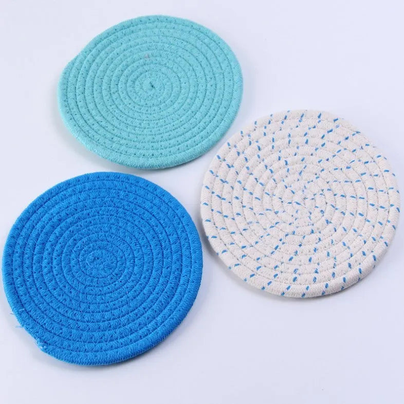 Three round cotton cord coasters in modern simplicity style with 18cm diameter
