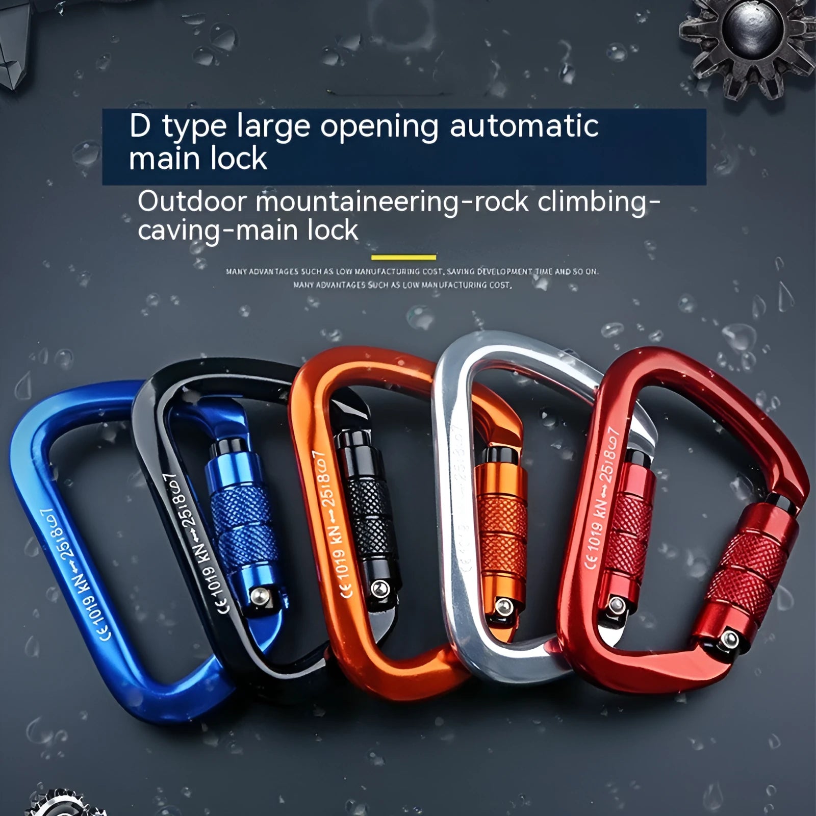D-type metal climbing safety lock with a choice of automatic or threaded gate, shown in multiple colours.