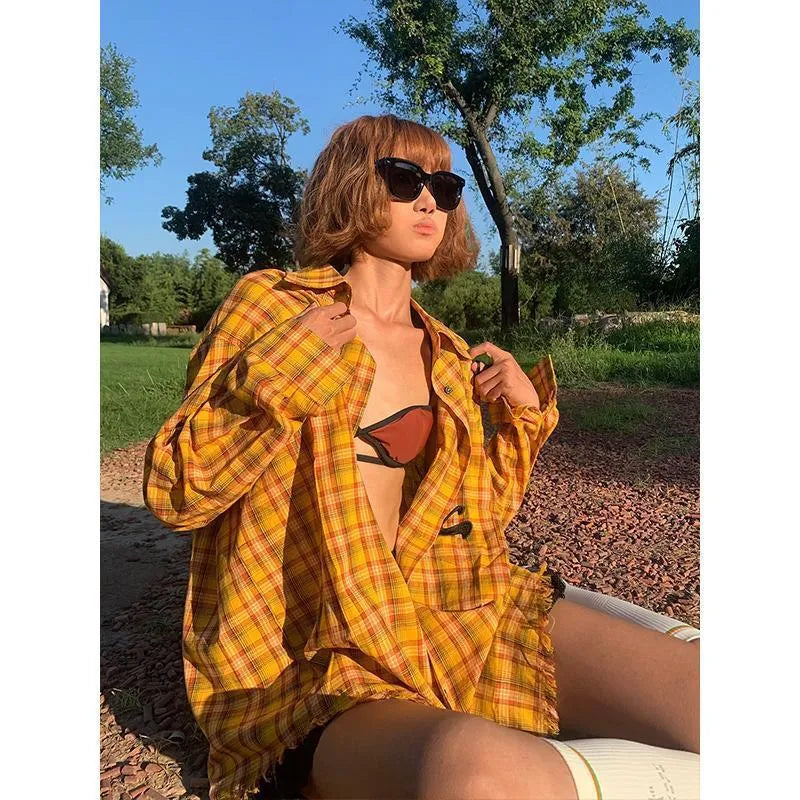 Dopamine yellow plaid shirt with loose cardigan style in polyester blend fabric