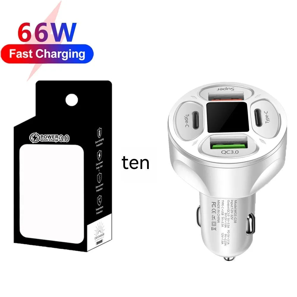 Black digital display car charger with two USB ports and two Type-C ports