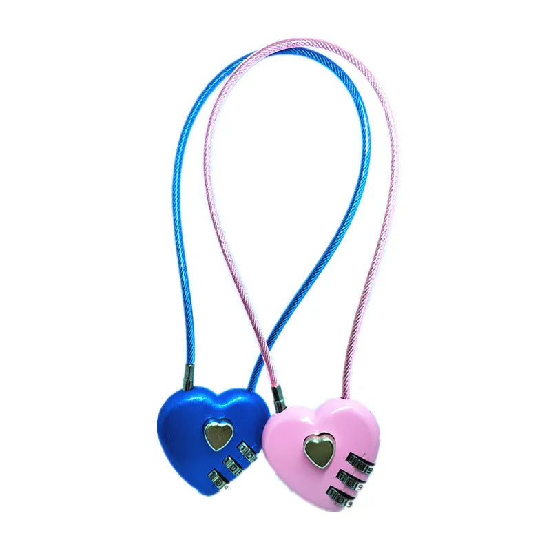 Peach heart design wire rope cable lock in red with steel rope, shown securing a bicycle helmet.