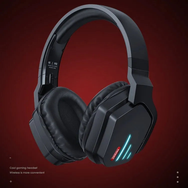 Luminous black wireless gaming headphones with adjustable headband and ear cups