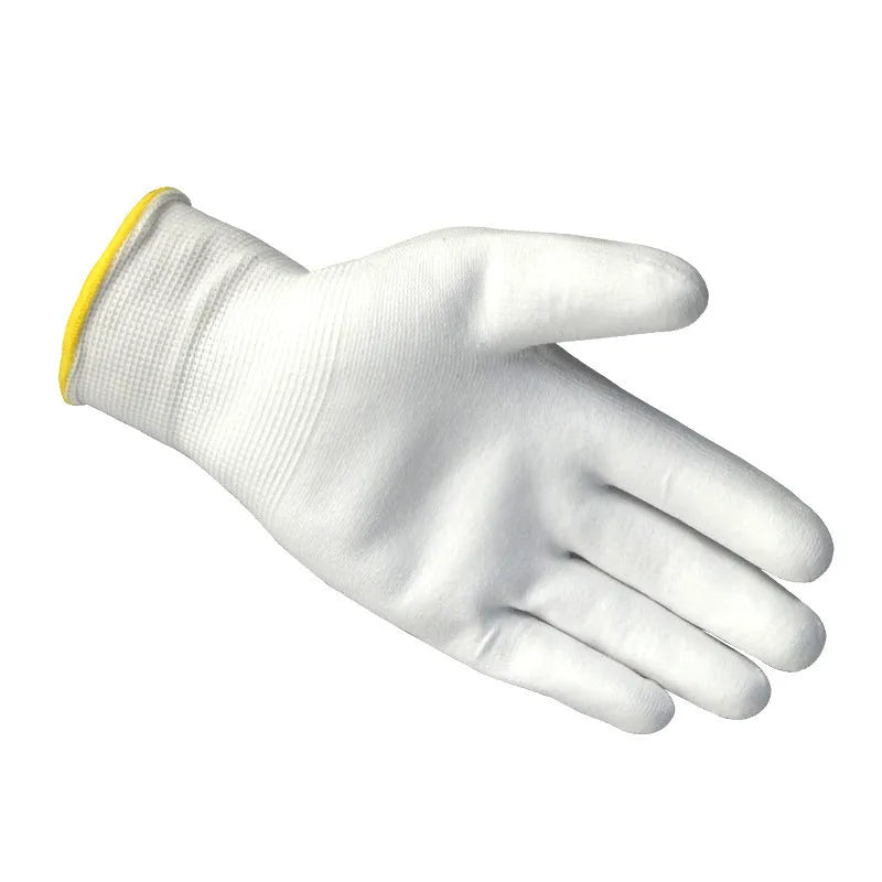White PU coated work gloves showing flexible palm and 24 cm length, pack of 10 pairs.