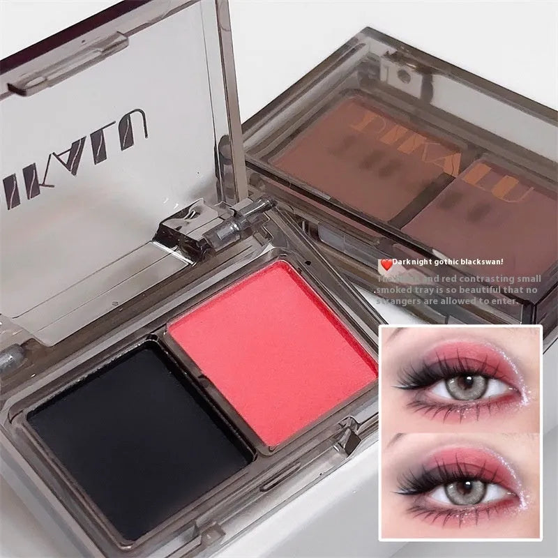 Cool two-tone eyeshadow palette showing pink and black matte shimmer shades